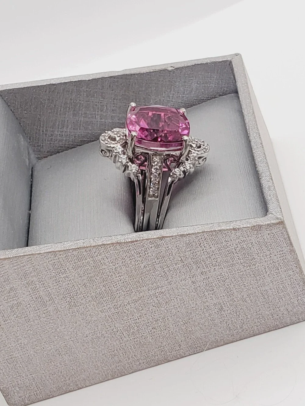 Cushion Pink Quartz & White Zircon Halo Bridal Wedding Ring Set Platinum - 925